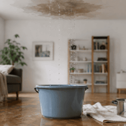 Fuite d’eau au plafond d’un logement avec un seau pour limiter les dégâts