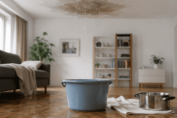 Fuite d’eau au plafond d’un logement avec un seau pour limiter les dégâts